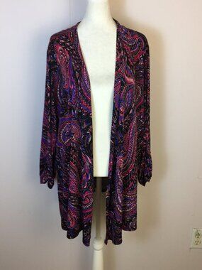 Catherines AnyWear 3X Black Pink Paisley Open Front Cardigan Womans Plus 26/28W
